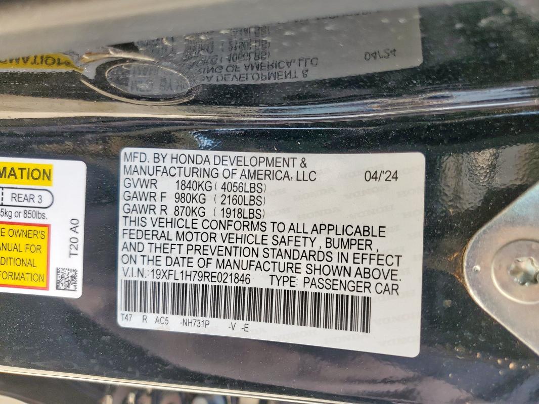 19XFL1H79RE021846 - 2024 HONDA CIVIC EXL BLACK photo 12