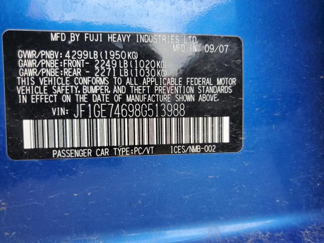 JF1GE74698G513988 - 2008 SUBARU IMPREZA WRX BLUE photo 12