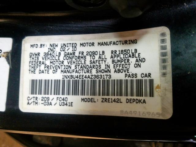 1NXBU4EE4AZ363173 - 2010 TOYOTA COROLLA BASE  照片 10