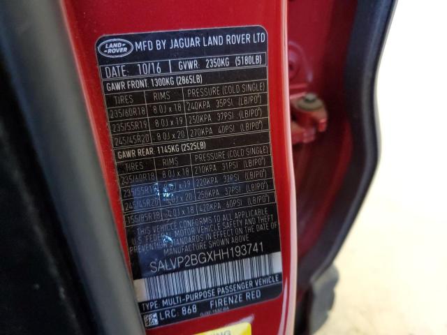 SALVP2BGXHH193741 - 2017 LAND ROVER RANGE ROVE SE RED photo 13