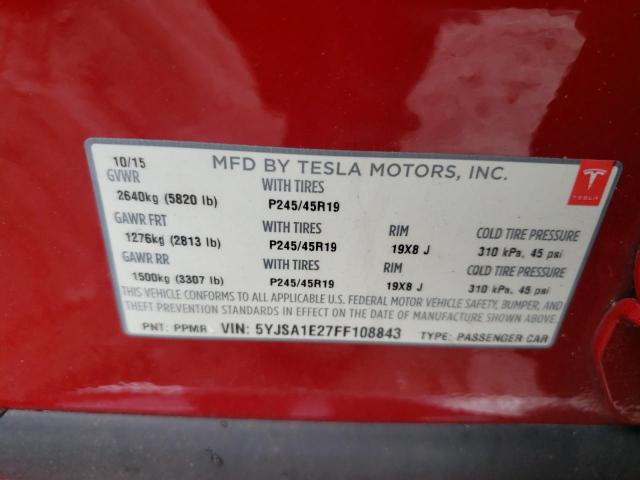 5YJSA1E27FF108843 - 2015 TESLA MODEL S Червоний фото 12