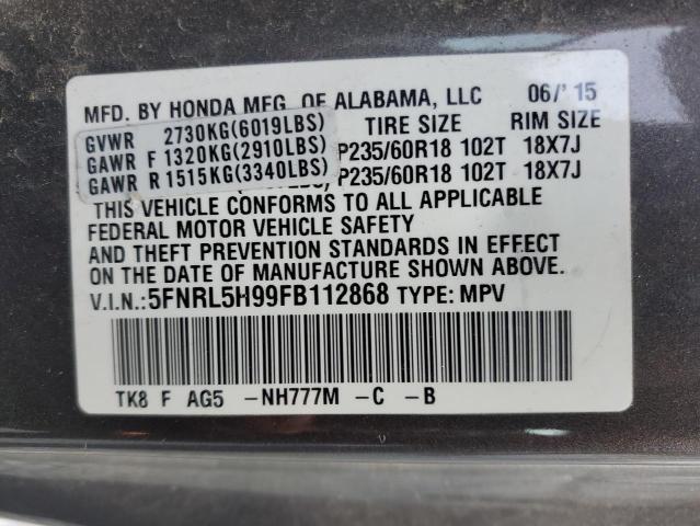 5FNRL5H99FB112868 - 2015 HONDA ODYSSEY TOURING GRAY photo 13