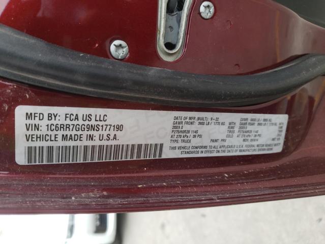 1C6RR7GG9NS177190 - 2022 RAM 1500 CLASS SLT 勃艮第红 照片 12