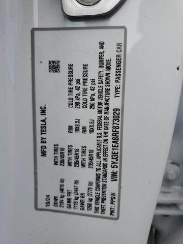 5YJ3E1EA8RF873029 - 2024 TESLA MODEL 3 Белый фото 12