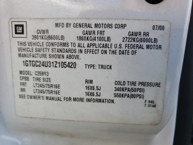 1GTGC24U31Z105420 - 2001 GMC NEW SIERRA C2500 WHITE photo 10