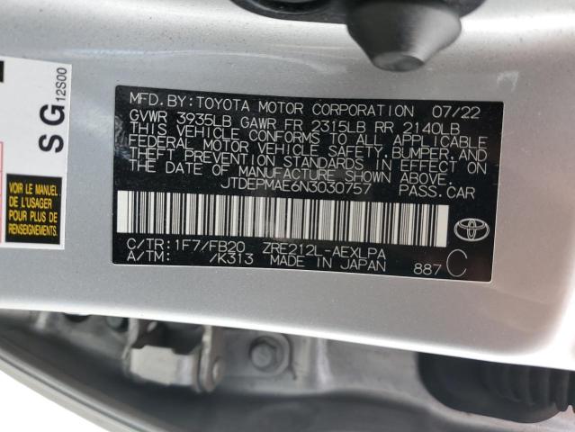 JTDEPMAE6N3030757 - 2022 TOYOTA COROLLA LE SILVER photo 12