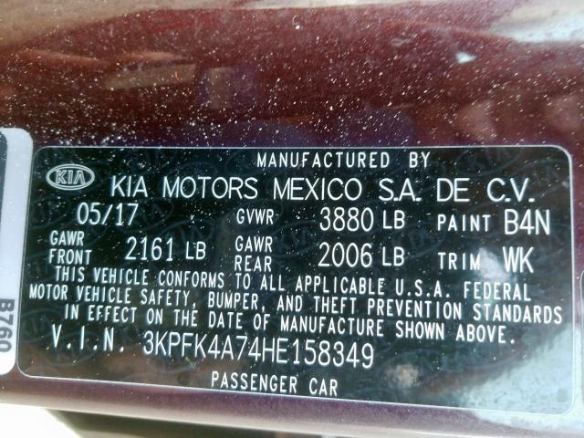 3KPFK4A74HE158349 - 2017 KIA FORTE LX BURGUNDY photo 10