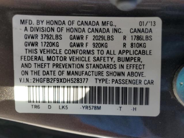 2HGFB2F9XDH528377 - 2013 HONDA CIVIC EXL 棕色 照片 12