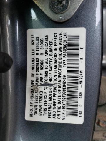 19XFB2F99CE042409 - 2012 HONDA CIVIC EXL Մոխրագույն լուսանկար 12