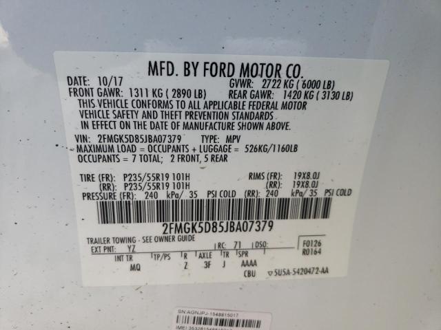 2FMGK5D85JBA07379 - 2018 FORD FLEX LIMITED WHITE photo 14