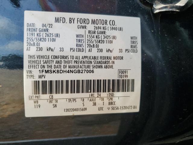 1FMSK8DH4NGB27006 - 2022 FORD EXPLORER XLT BLUE photo 13