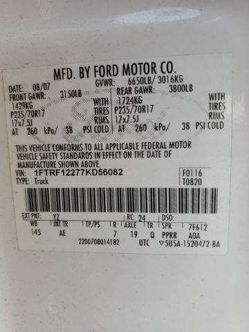 1FTRF12277KD56082 - 2007 FORD F150 WHITE photo 13