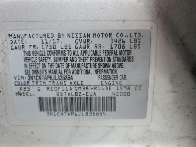 3N1CN7AP6JL835854 - 2018 NISSAN VERSA S Күміс фото 12