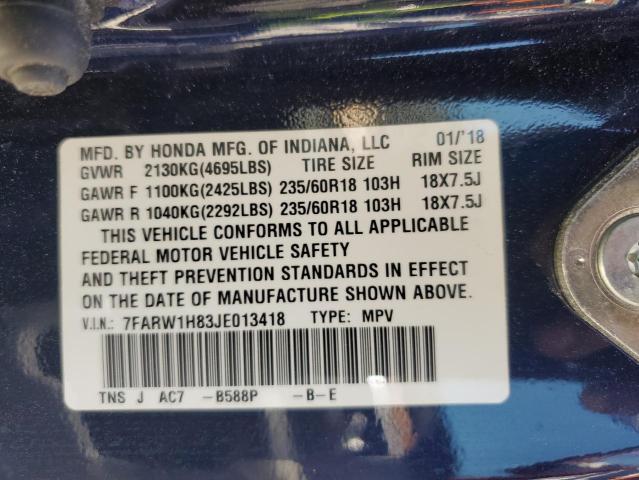 7FARW1H83JE013418 - 2018 HONDA CR-V EXL BLUE photo 13