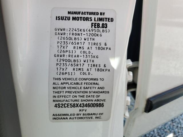 4S2CE58X434600986 - 2003 ISUZU AXIOM XS Ağ foto 13