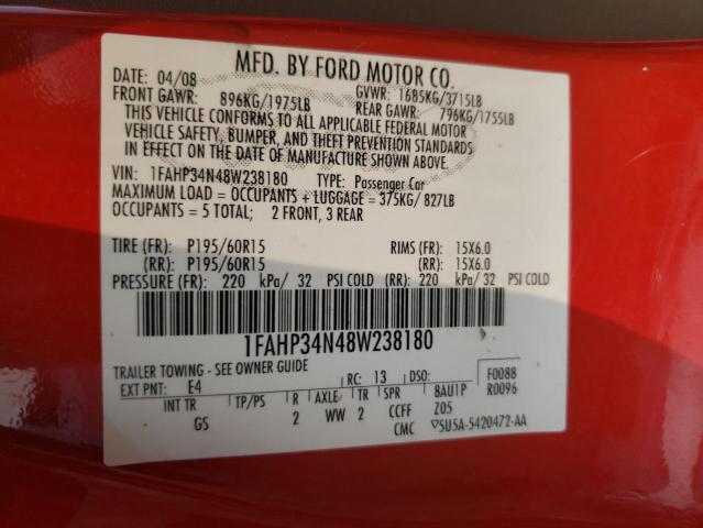 1FAHP34N48W238180 - 2008 FORD FOCUS S/SE RED photo 12