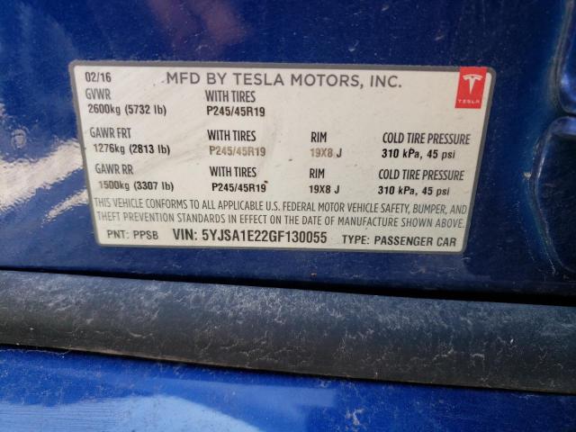 5YJSA1E22GF130055 - 2016 TESLA MODEL S Синій фото 12