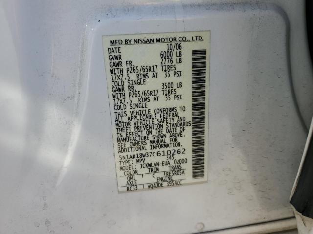 5N1AR18W37C610262 - 2007 NISSAN PATHFINDER LE WHITE photo 13