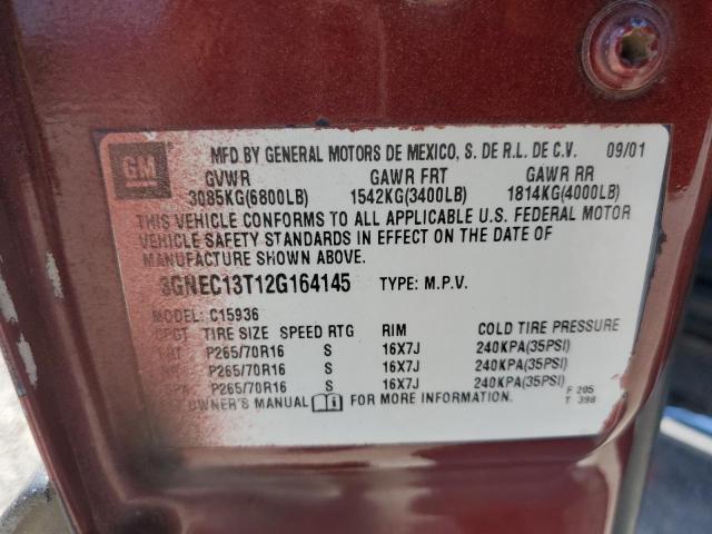 3GNEC13T12G164145 - 2002 CHEVROLET AVALANCHE C1500 RED photo 12