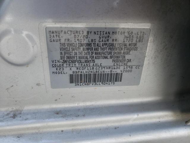 3N1CN8FV3LL904175 - 2020 NISSAN VERSA SR SILVER photo 12