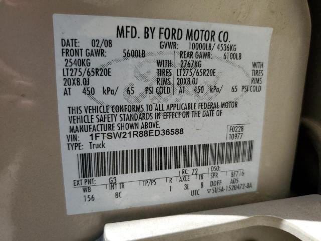 1FTSW21R88ED36588 - 2008 FORD F250 SUPER DUTY TAN photo 12