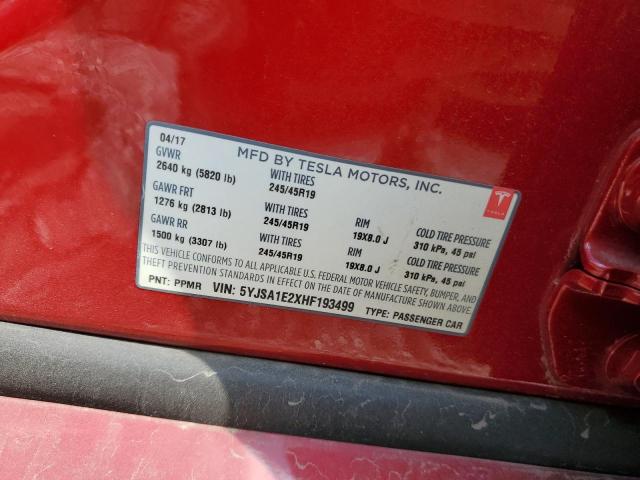 5YJSA1E2XHF193499 - 2017 TESLA MODEL S Կարմիր լուսանկար 12