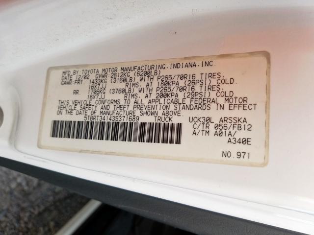 5TBRT34143S371689 - 2003 TOYOTA TUNDRA ACCESS CAB SR5  photo 10