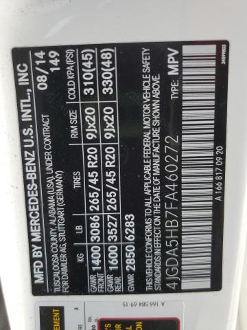 4JGDA5HB7FA460272 - 2015 MERCEDES-BENZ ML 350 4MATIC WHITE photo 13