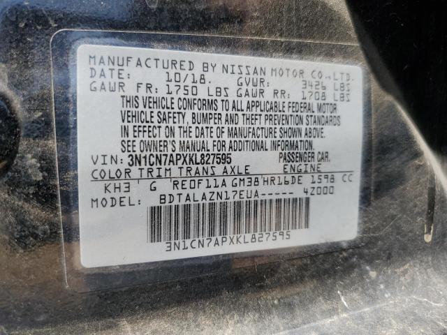 3N1CN7APXKL827595 - 2019 NISSAN VERSA S Чорний фото 12