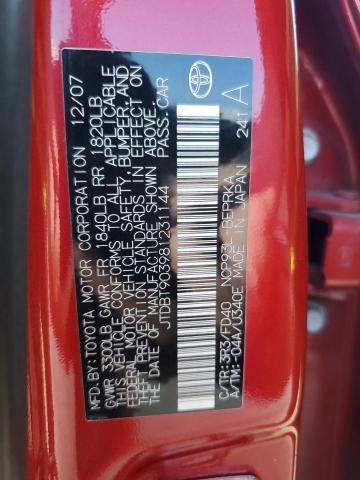 JTDBT903981231144 - 2008 TOYOTA YARIS RED photo 12