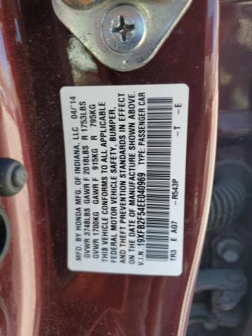 19XFB2F54EE040969 - 2014 HONDA CIVIC LX MAROON photo 12