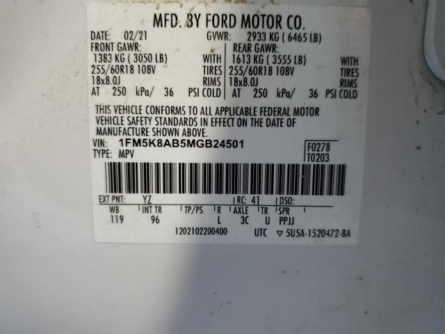 1FM5K8AB5MGB24501 - 2021 FORD EXPLORER POLICE INTERCEPTOR 白色 照片 13