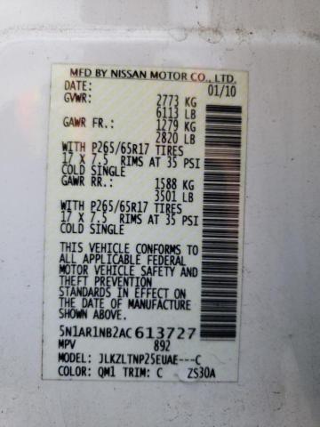 5N1AR1NB2AC613727 - 2010 NISSAN PATHFINDER S WHITE photo 12