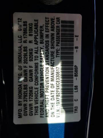 19XFB2F9XCE330617 - 2012 HONDA CIVIC EXL ლურჯი ფოტო 12