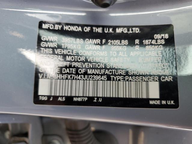 SHHFK7H43JU239645 - 2018 HONDA CIVIC SPORT 灰色 照片 12