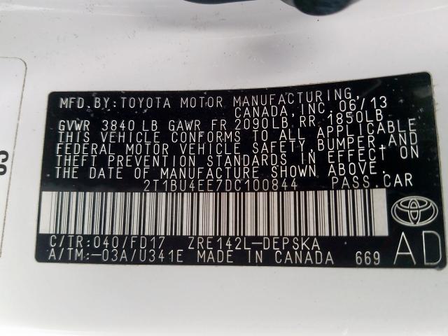 2T1BU4EE7DC100844 - 2013 TOYOTA COROLLA BASE  照片 10