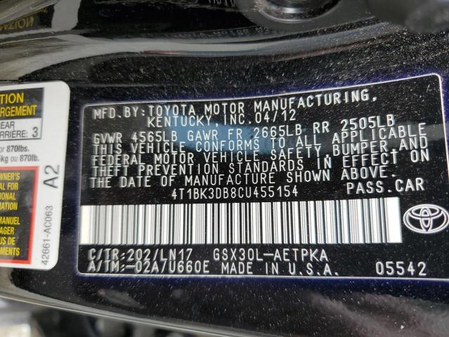 4T1BK3DB8CU455154 - 2012 TOYOTA AVALON BASE BLACK photo 12