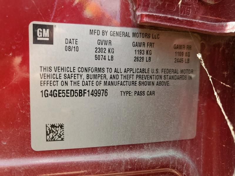 1G4GE5ED5BF149976 - 2011 BUICK LACROSSE CXS RED photo 12