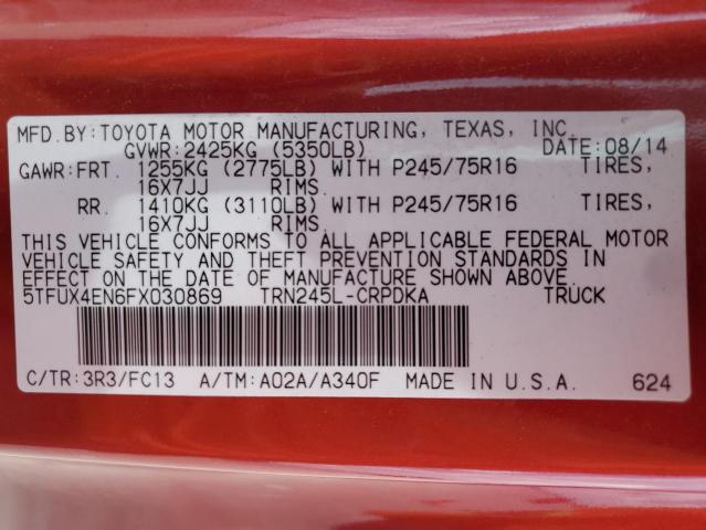 5TFUX4EN6FX030869 - 2015 TOYOTA TACOMA ACCESS CAB წითელი ფოტო 12