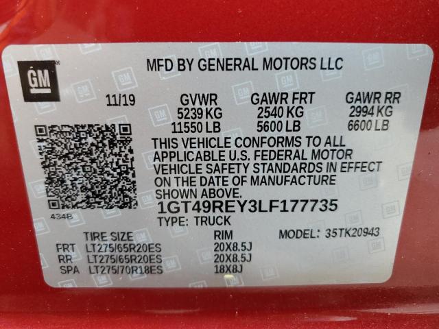 1GT49REY3LF177735 - 2020 GMC SIERRA K2500 DENALI RED photo 12