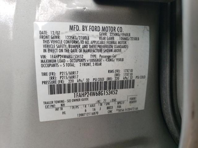 1FAHP24W68G153452 - 2008 FORD TAURUS SEL BEIGE photo 12