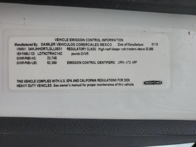 3AKJHHDR7LSLL0531 - 2020 FREIGHTLINER CASCADIA 1 თეთრი ფოტო 10