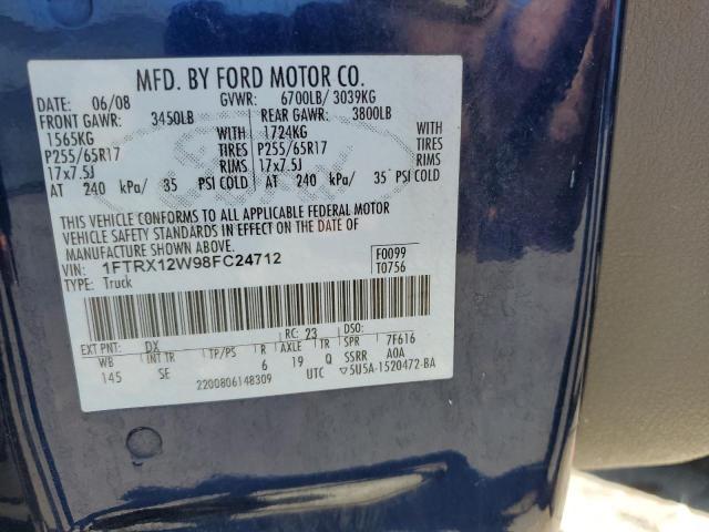 1FTRX12W98FC24712 - 2008 FORD F150 BLUE photo 12