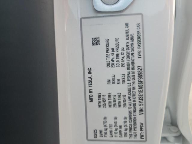 5YJ3E1EA5SF989827 - 2025 TESLA MODEL 3 WHITE photo 12