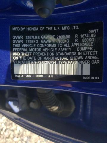 SHHFK7H72JU203794 - 2018 HONDA CIVIC EXL 蓝色 照片 12