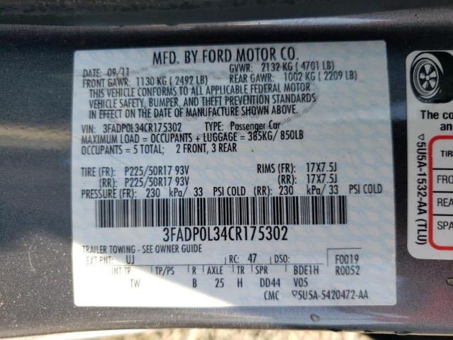 3FADP0L34CR175302 - 2012 FORD FUSION HYBRID GRAY photo 12