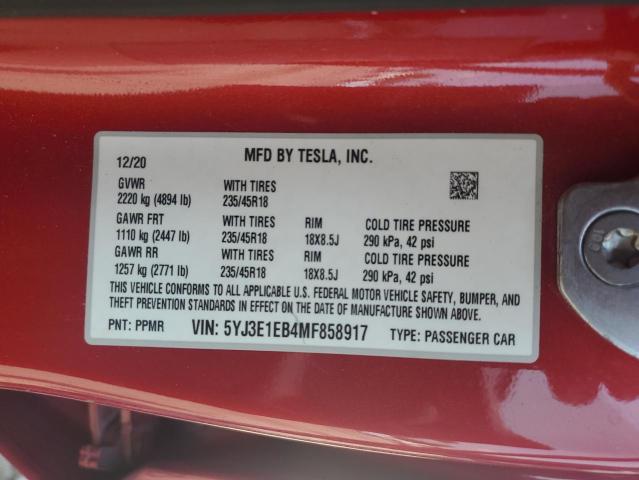 5YJ3E1EB4MF858917 - 2021 TESLA MODEL 3 RED photo 12