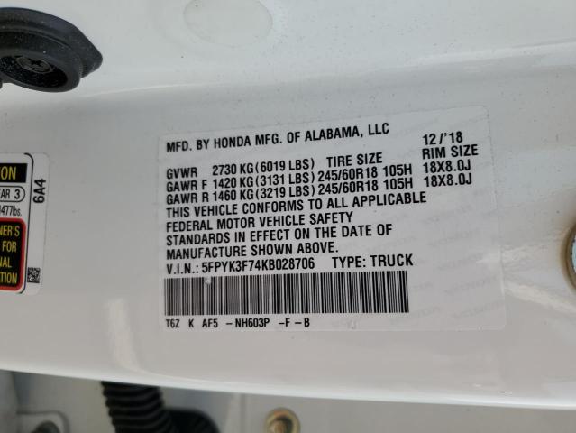 5FPYK3F74KB028706 - 2019 HONDA RIDGELINE RTL WHITE photo 13