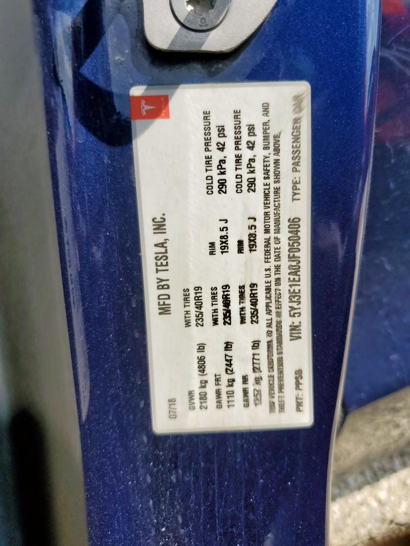5YJ3E1EA0JF050406 - 2018 TESLA MODEL 3 BLUE photo 12