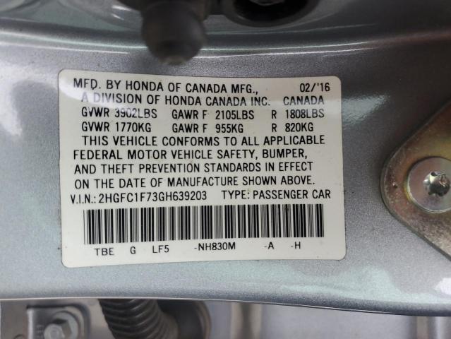 2HGFC1F73GH639203 - 2016 HONDA CIVIC EXL ვერცხლისფერი ფოტო 12